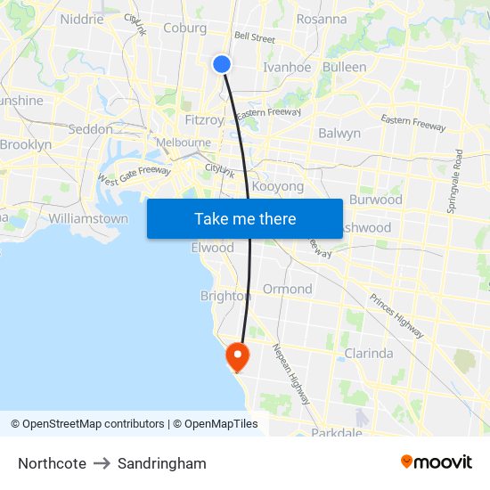 Northcote to Sandringham map