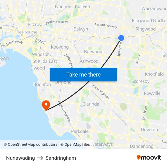 Nunawading to Sandringham map