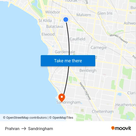 Prahran to Sandringham map