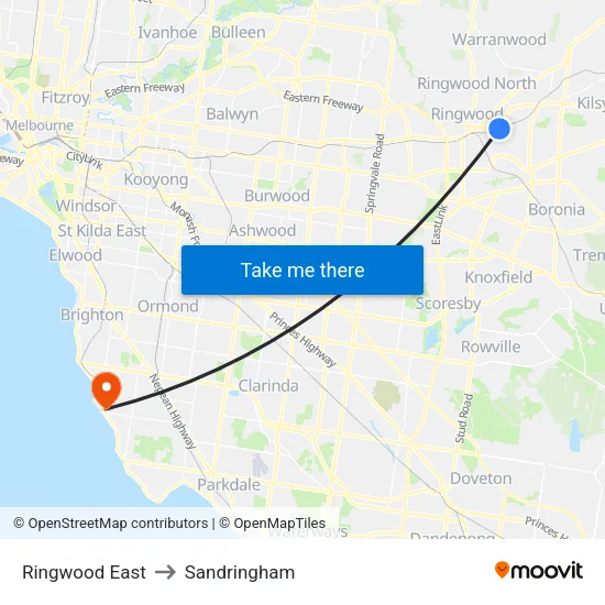 Ringwood East to Sandringham map