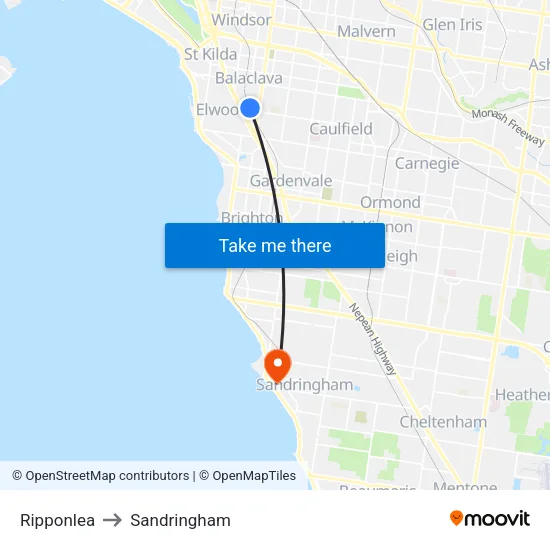 Ripponlea to Sandringham map