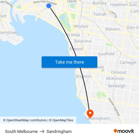 South Melbourne to Sandringham map