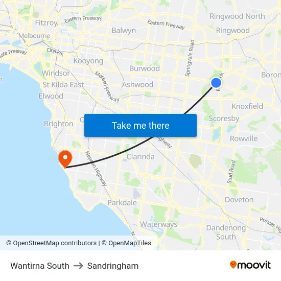Wantirna South to Sandringham map