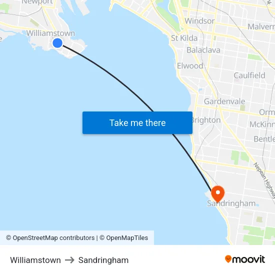 Williamstown to Sandringham map