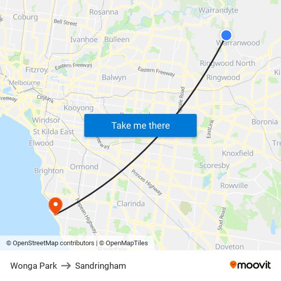 Wonga Park to Sandringham map
