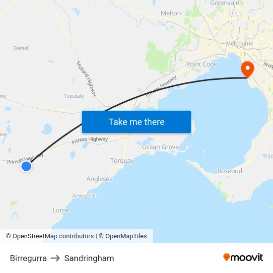 Birregurra to Sandringham map