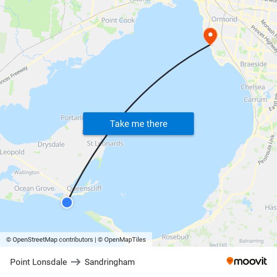 Point Lonsdale to Sandringham map