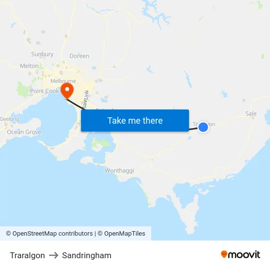 Traralgon to Sandringham map