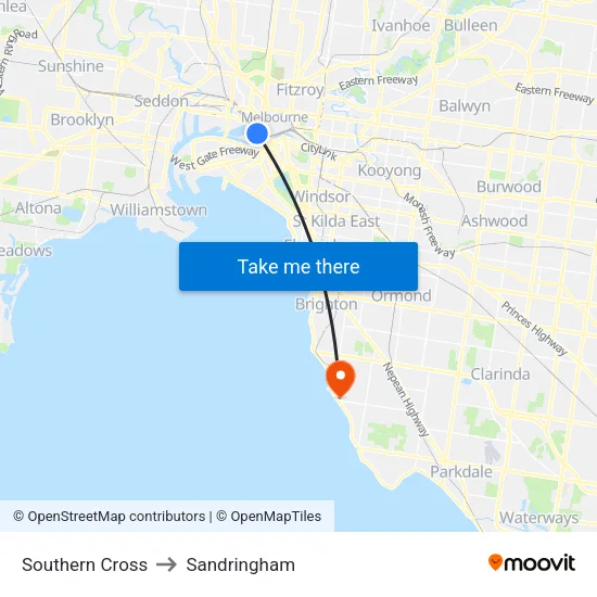 Southern Cross to Sandringham map