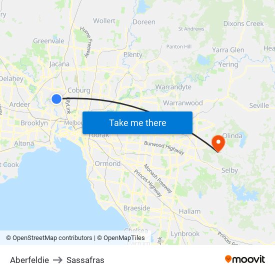 Aberfeldie to Sassafras map