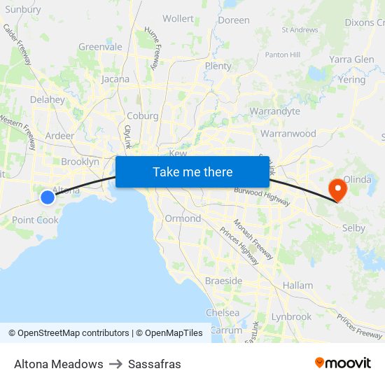 Altona Meadows to Sassafras map