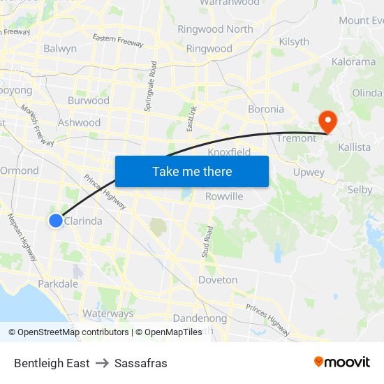 Bentleigh East to Sassafras map