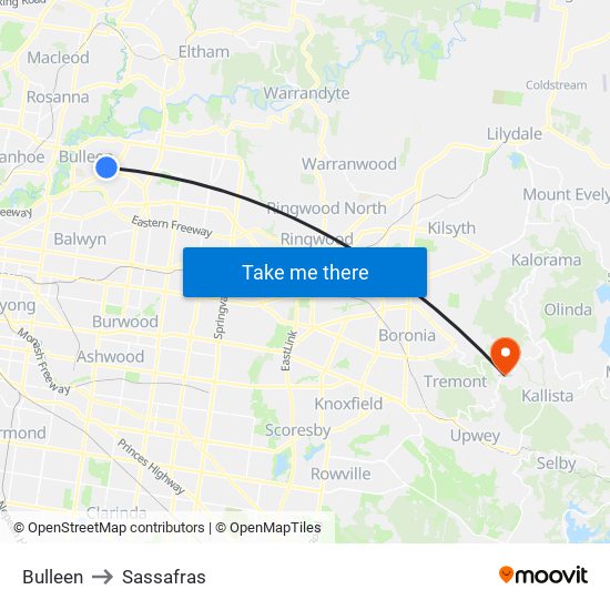 Bulleen to Sassafras map