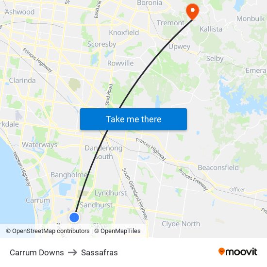 Carrum Downs to Sassafras map