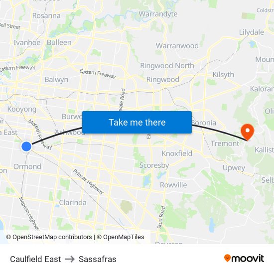 Caulfield East to Sassafras map