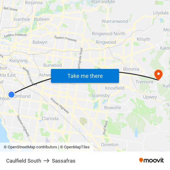 Caulfield South to Sassafras map