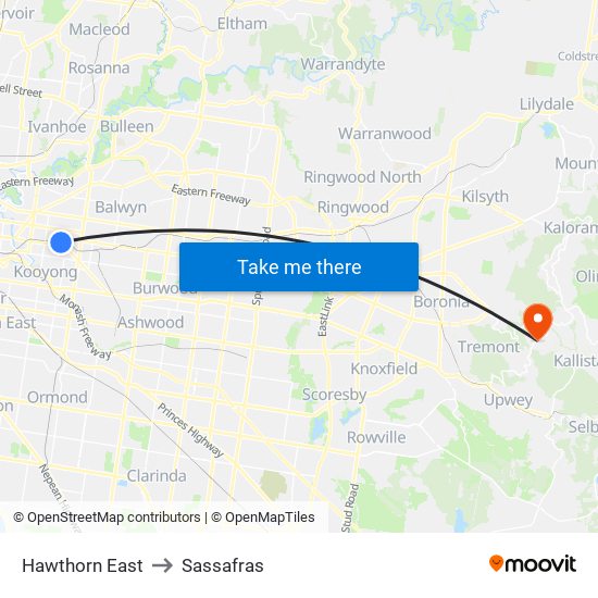 Hawthorn East to Sassafras map