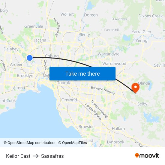 Keilor East to Sassafras map