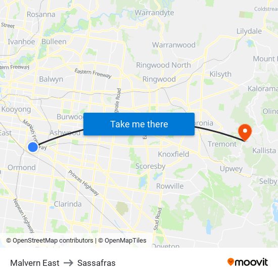 Malvern East to Sassafras map