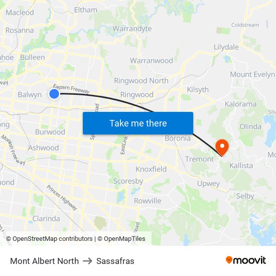 Mont Albert North to Sassafras map