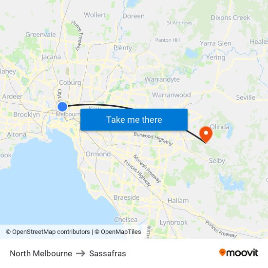 North Melbourne to Sassafras map