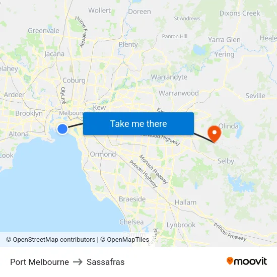 Port Melbourne to Sassafras map