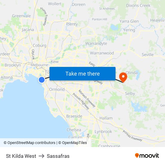 St Kilda West to Sassafras map