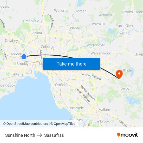 Sunshine North to Sassafras map