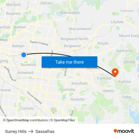 Surrey Hills to Sassafras map