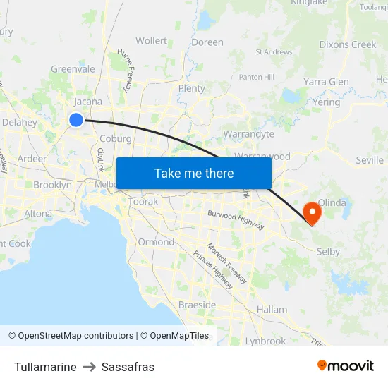 Tullamarine to Sassafras map
