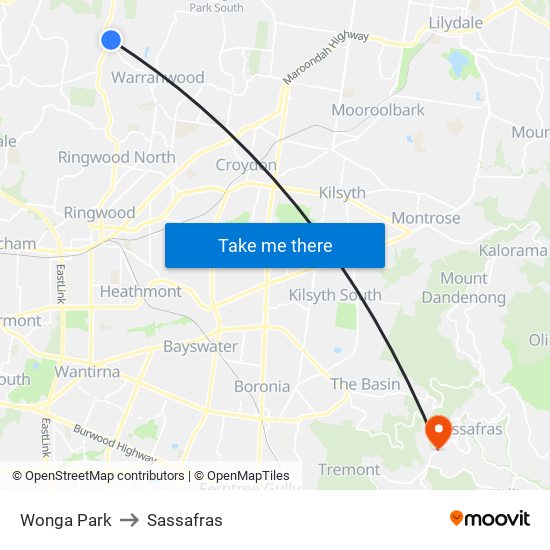 Wonga Park to Sassafras map