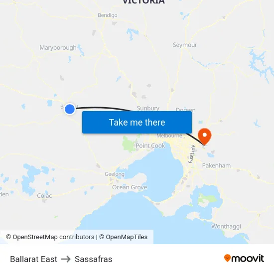Ballarat East to Sassafras map