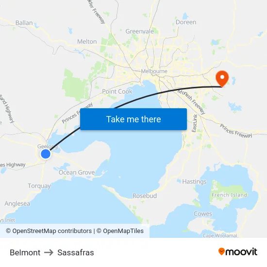 Belmont to Sassafras map