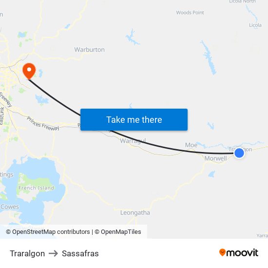 Traralgon to Sassafras map