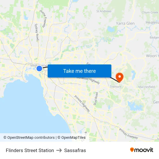 Flinders Street Station to Sassafras map