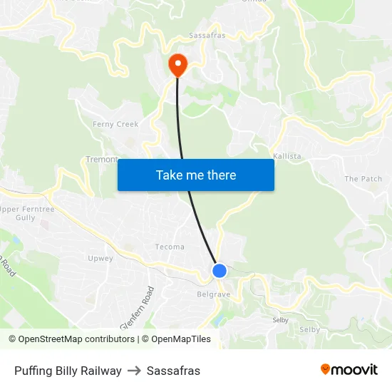 Puffing Billy Railway to Sassafras map