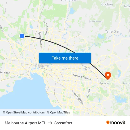 Melbourne Airport MEL to Sassafras map