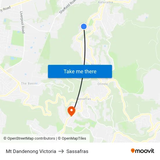 Mt Dandenong Victoria to Sassafras map