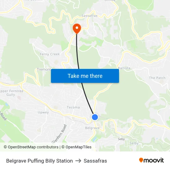 Belgrave Puffing Billy Station to Sassafras map