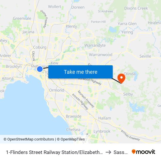 1-Flinders Street Railway Station/Elizabeth St (Melbourne City) to Sassafras map