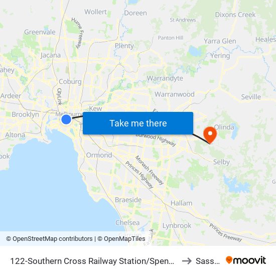 122-Southern Cross Railway Station/Spencer St (Melbourne City) to Sassafras map