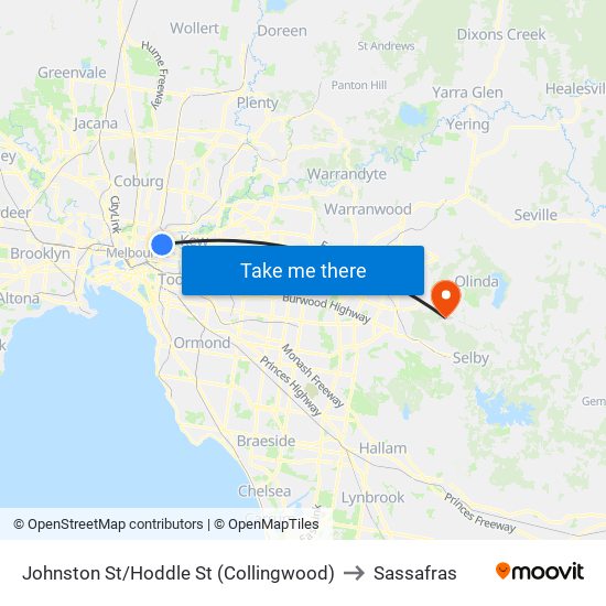 Johnston St/Hoddle St (Collingwood) to Sassafras map