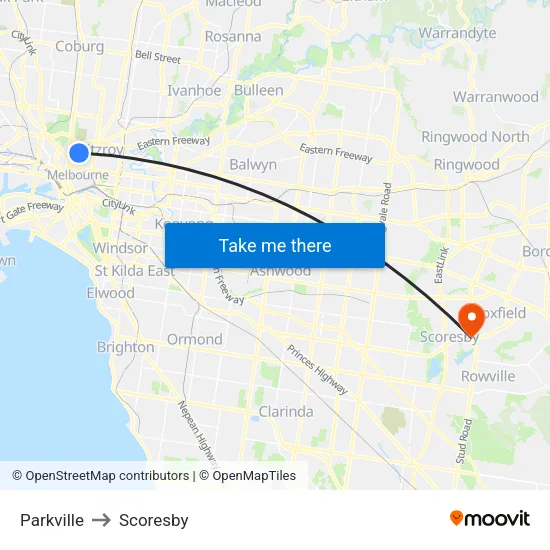 Parkville to Scoresby map