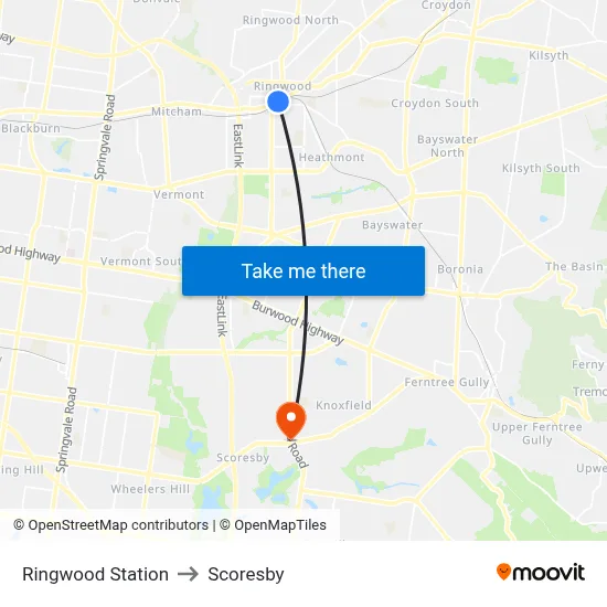 Ringwood Station to Scoresby map
