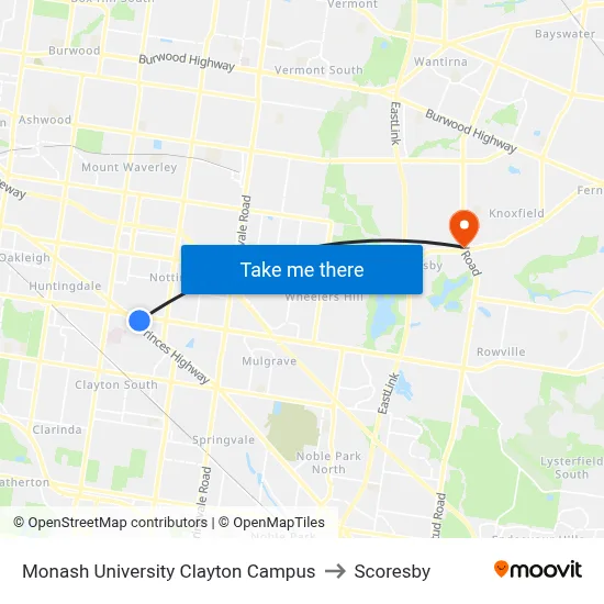 Monash University Clayton Campus to Scoresby map