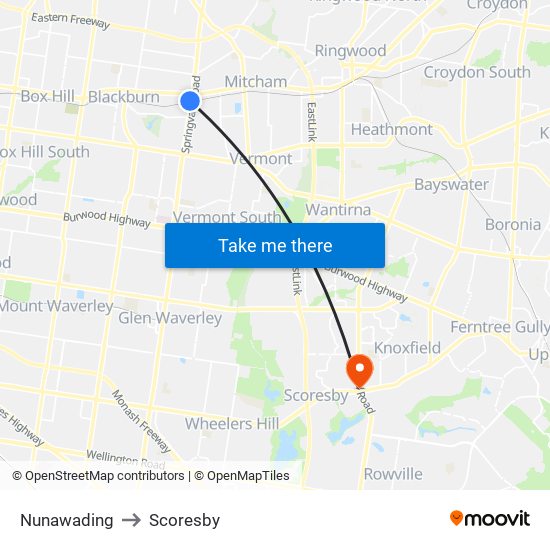 Nunawading to Scoresby map