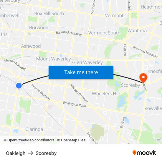 Oakleigh to Scoresby map