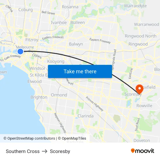 Southern Cross to Scoresby map