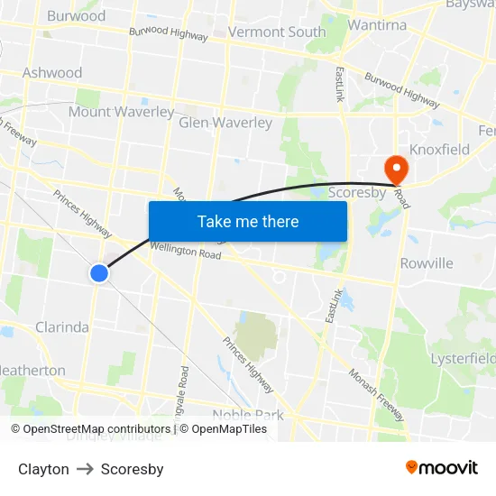 Clayton to Scoresby map