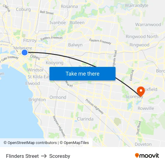 Flinders Street to Scoresby map